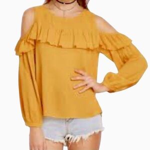 ANTHROPOLOGY MAEVE BOHEMIAN MUSTARD YELLOW RUFFLE  COLD SHOULDER TOP SZ 2